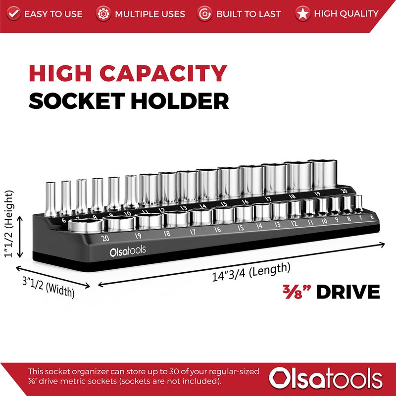 Olsa Tools Magnetic Socket Holder | 3/8-inch Drive | Metric | Black | Holds 30 Sockets | Professional Quality Tools Organizer - Image 3